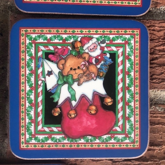 Set of 5 Pimpernel Christmas Stockings Teddy Bears & Toys Cork Back Coasters - Picture 8 of 8